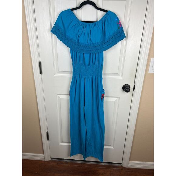 Blue Cotton Off Shoulder Bold Embroidered Floral Boho Mexico Jumpsuit Small Sz 4 - Picture 7 of 8